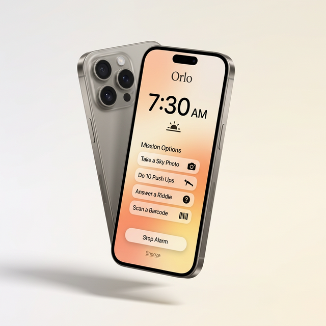 Orlo alarm screen showing 7:30 AM with mission options